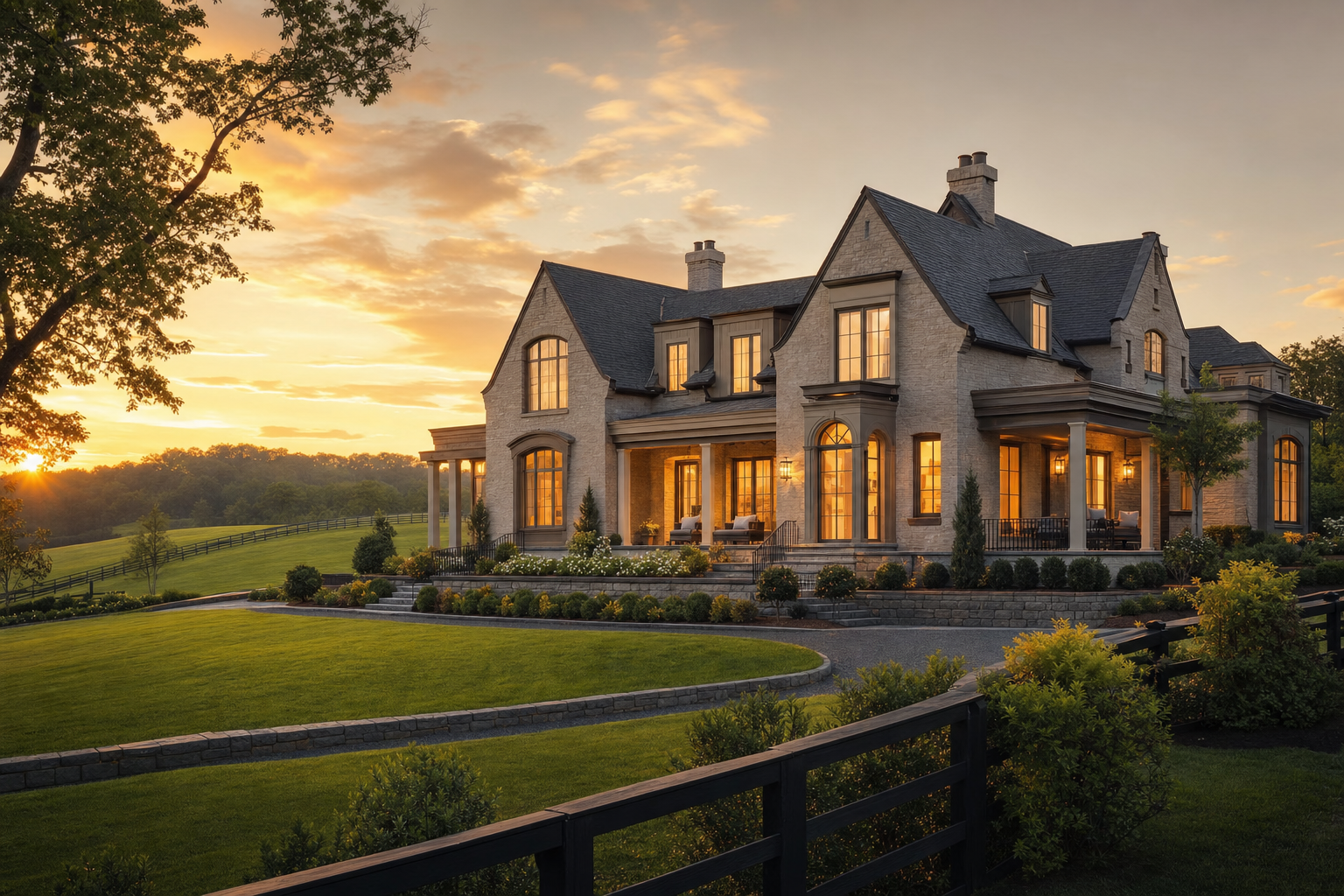Elegant Kentucky estate home at golden hour